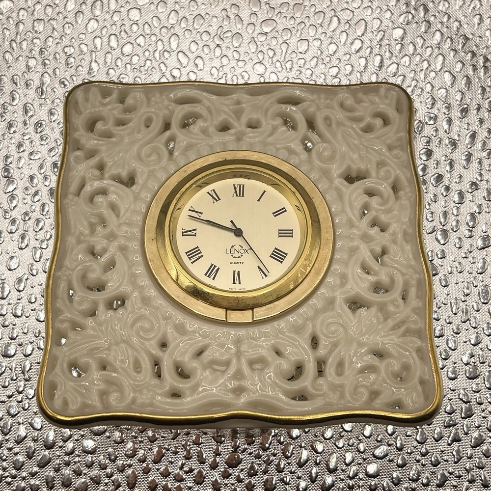 Lenox Porcelain Pierced Floral Desk Clock Ivory Gold Trim Quartz Made Japan